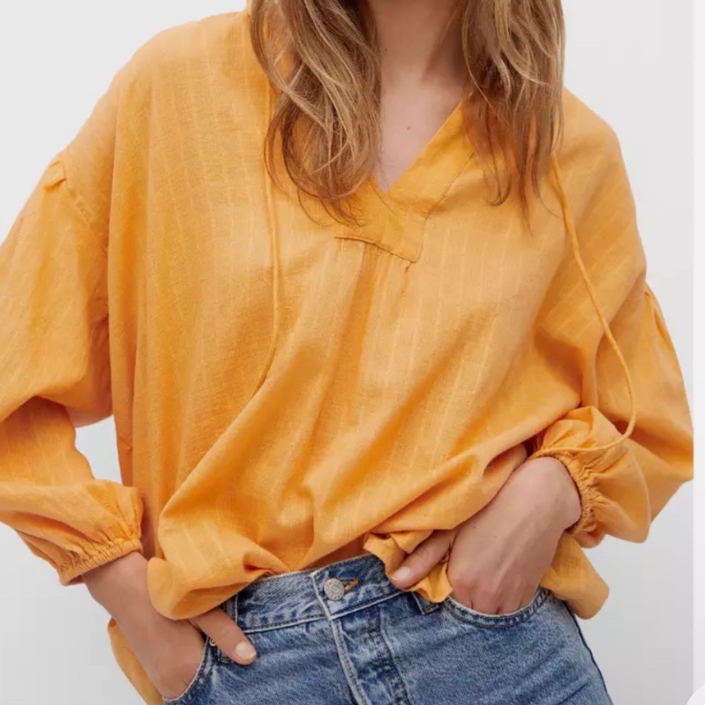 Mango Women's Textured Cotton Blouse Mustard Long Sleeve V-Neck